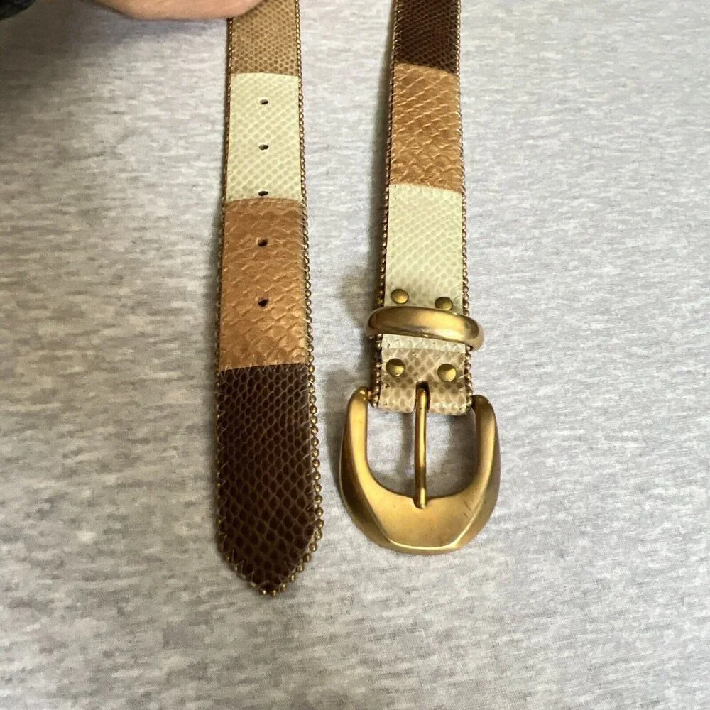 Elite Womens Belt Large Tan Patchwork Metallic Snake Reptile Textured Leather 1